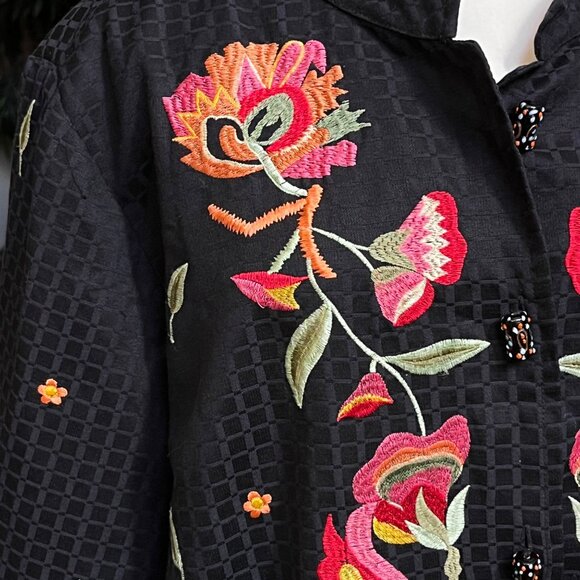 Maggie Barnes 2X Black Blazer Jacket  Pink Floral Embroidery Glass Bead Closures - Picture 5 of 7